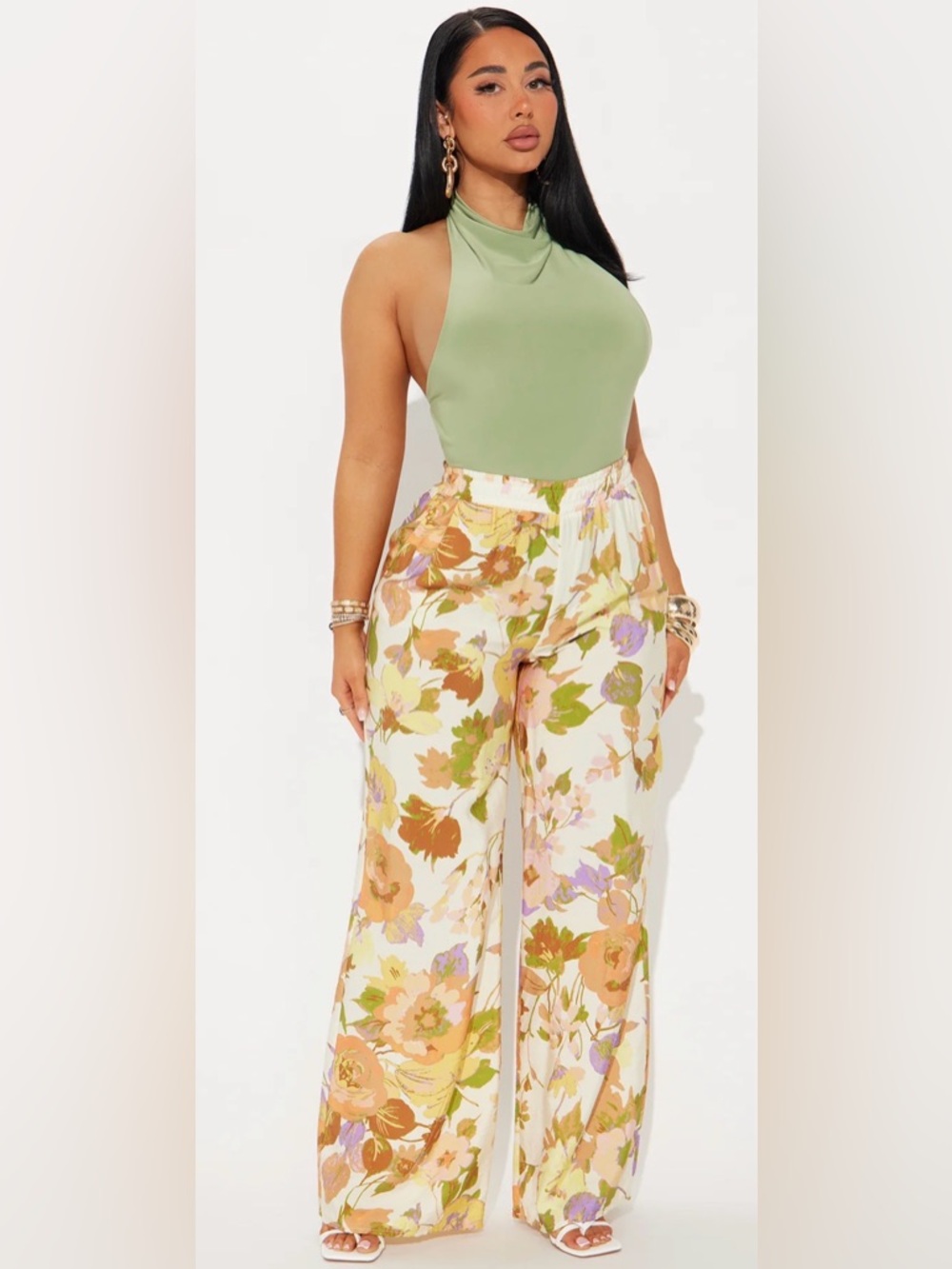 Fashion Nova Cream Floral Wide-Leg Pants with Green and Tan Accents